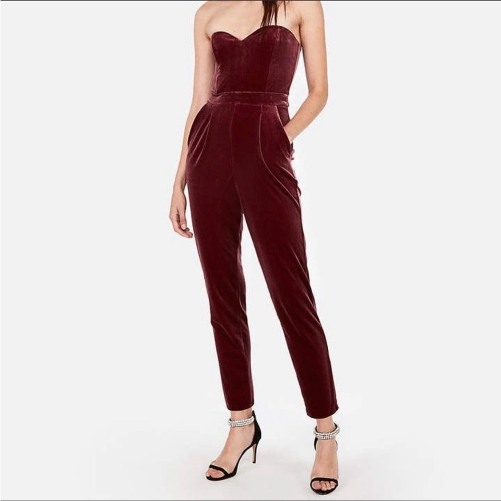 Express strapless velvet burgundy jumpsuit